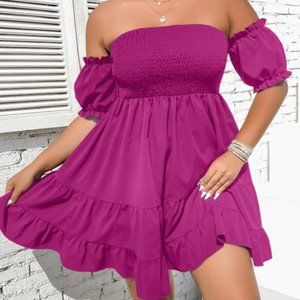 Plus Off The Shoulder Shirred Ruffle Hem Dress